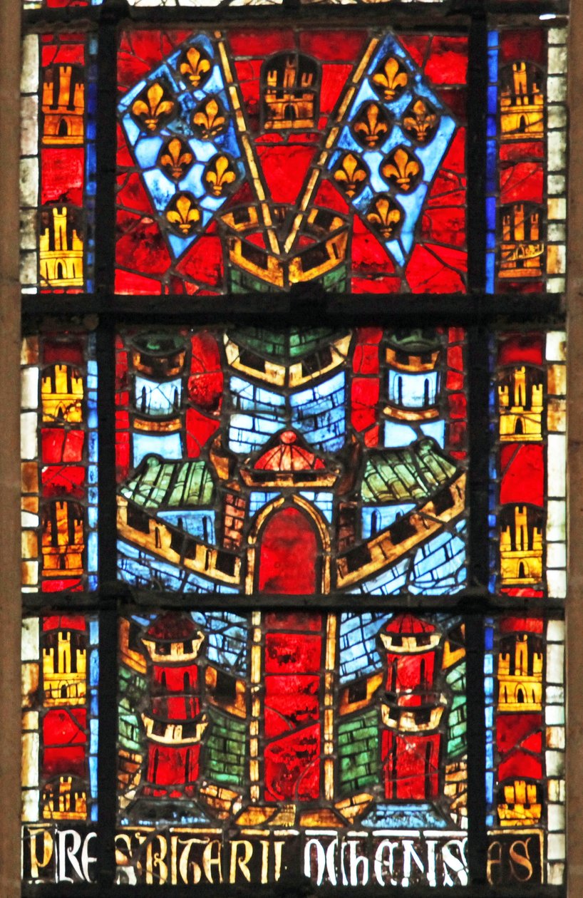 Ventana w205 que representa un castillo y banderas con flor de lis de French School