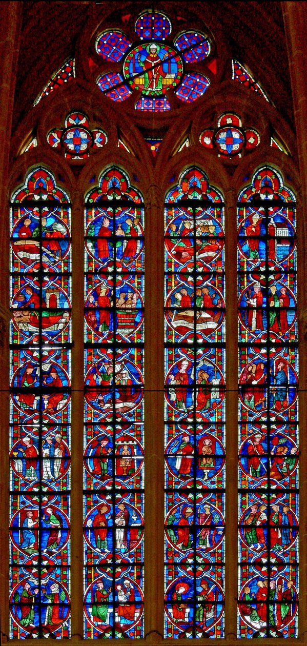 Ventana w209 que representa escenas de la vida de San Nicolás de French School