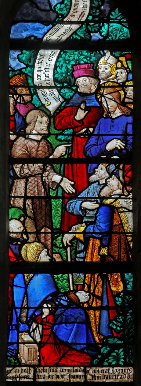 Ventana que representa a San Juan Bautista predicando el bautismo de Cristo en Betania de French School