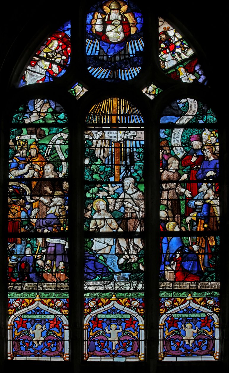 Ventana que representa a San Juan Bautista: Bautismo en el Jordán; predicación e interrogatorio de French School