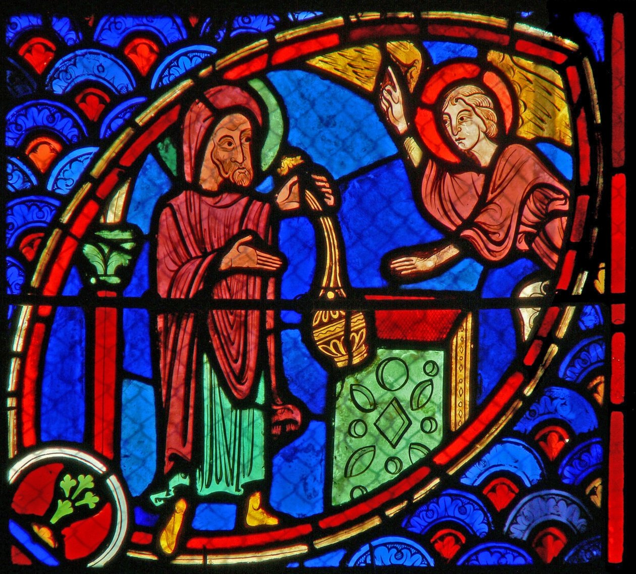 Ventana w20 que representa a Zacarías, el padre de San Juan Bautista, siendo visitado por un ángel en el Templo de French School
