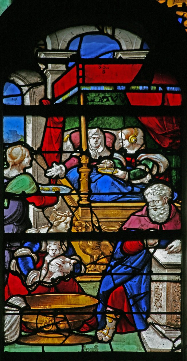 Ventana que representa una escena de la Vida de la Virgen María: su nacimiento de French School