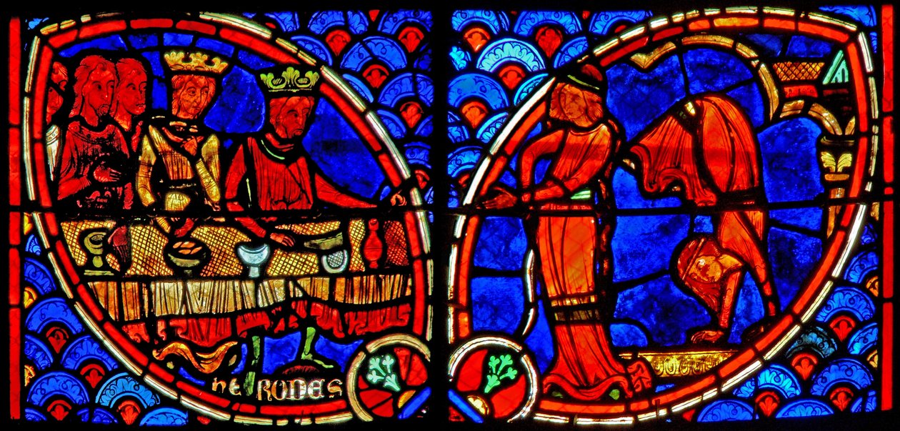 Ventana w20 que representa una escena de la vida de San Juan Bautista: Salomé baila para Herodes de French School