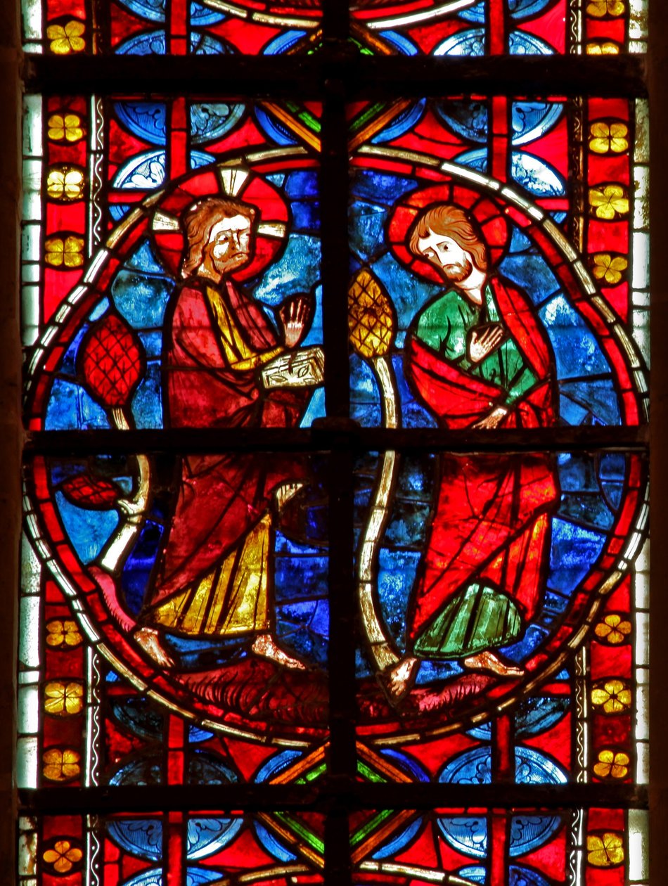 Ventana w210 que representa a Santiago con Cristo de French School