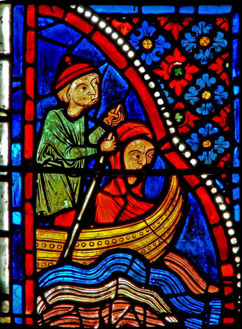 Ventana w21 que representa a Santa María Egipcíaca cruzando el río y comenzando su penitencia de French School