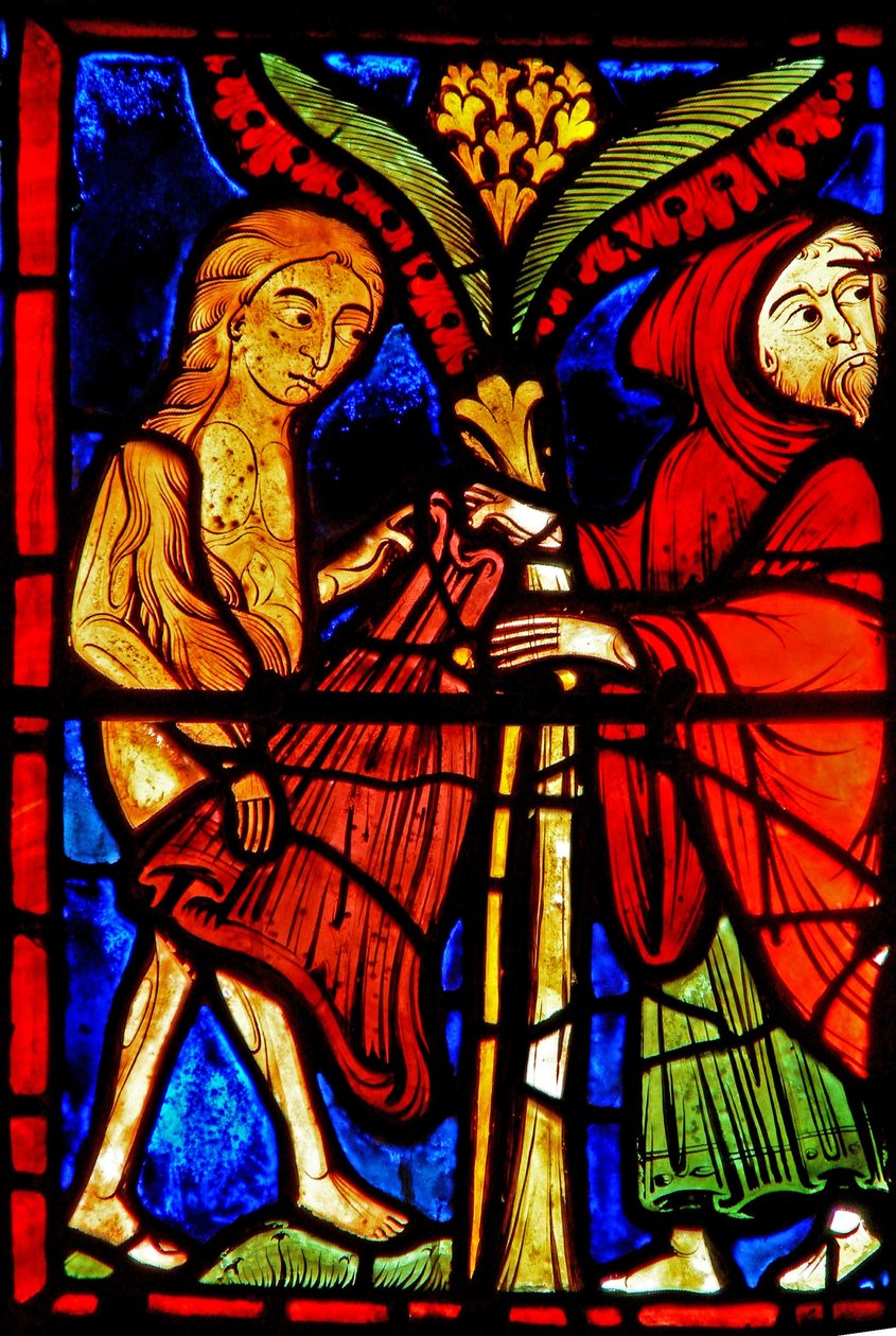 Ventana w21 que representa a Zósimo dando su manto a Santa María Egipcíaca de French School