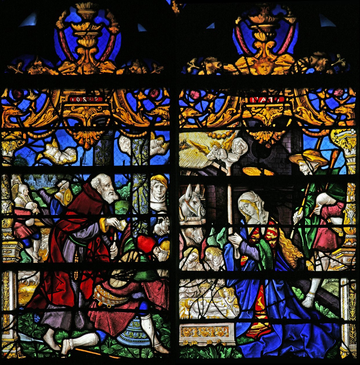 Ventana que representa la Adoración de los Pastores de French School