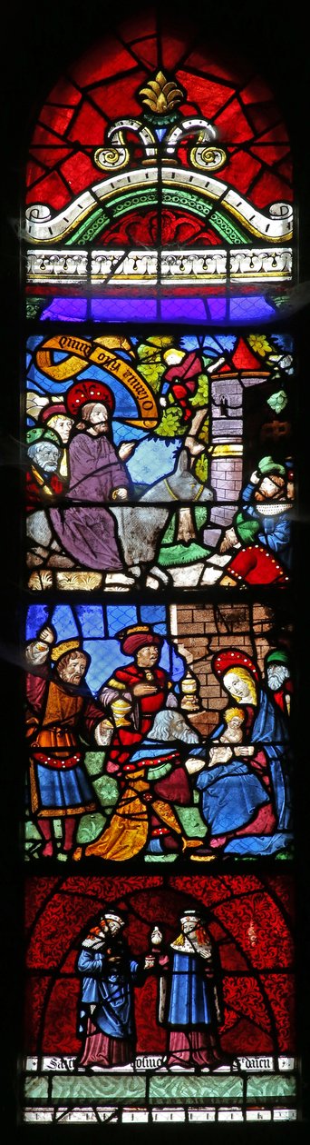 Ventana w22 que representa la Entrada a Jerusalén; Adoración de los Magos; San Cosme y San Damián de French School