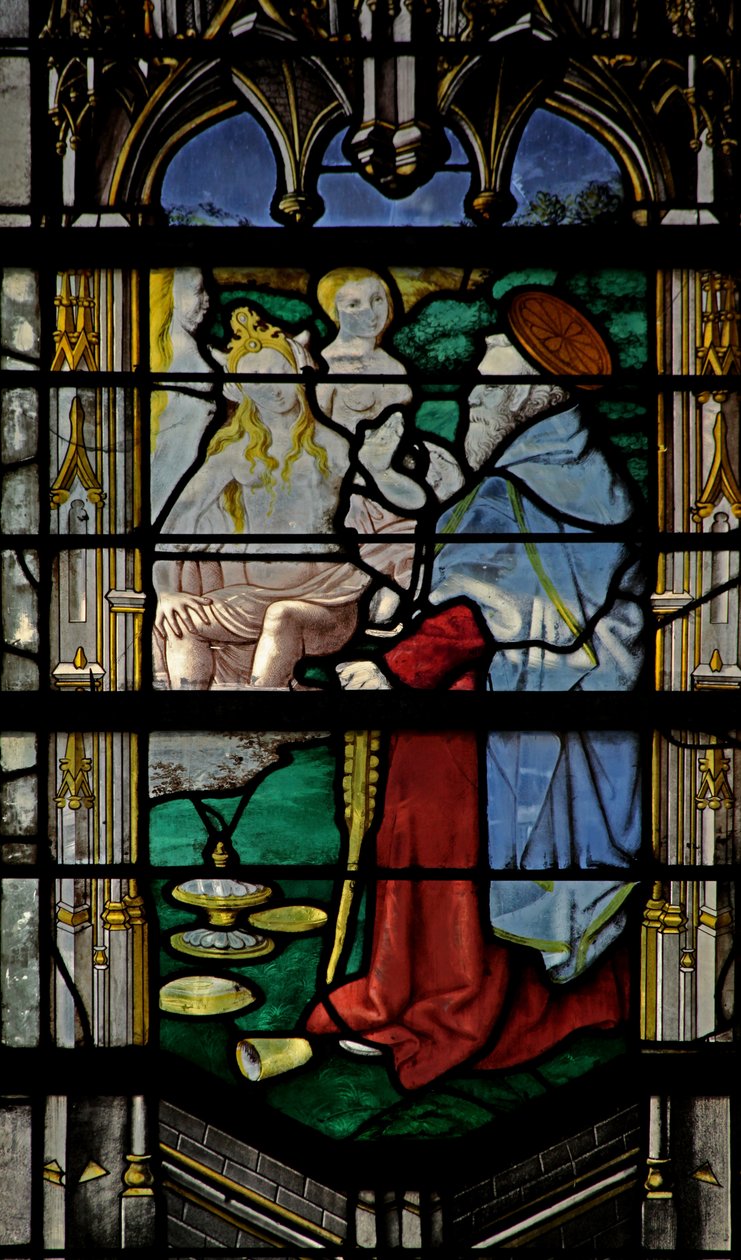 Ventana w23 que representa a San Antonio: tentado por tres mujeres de French School