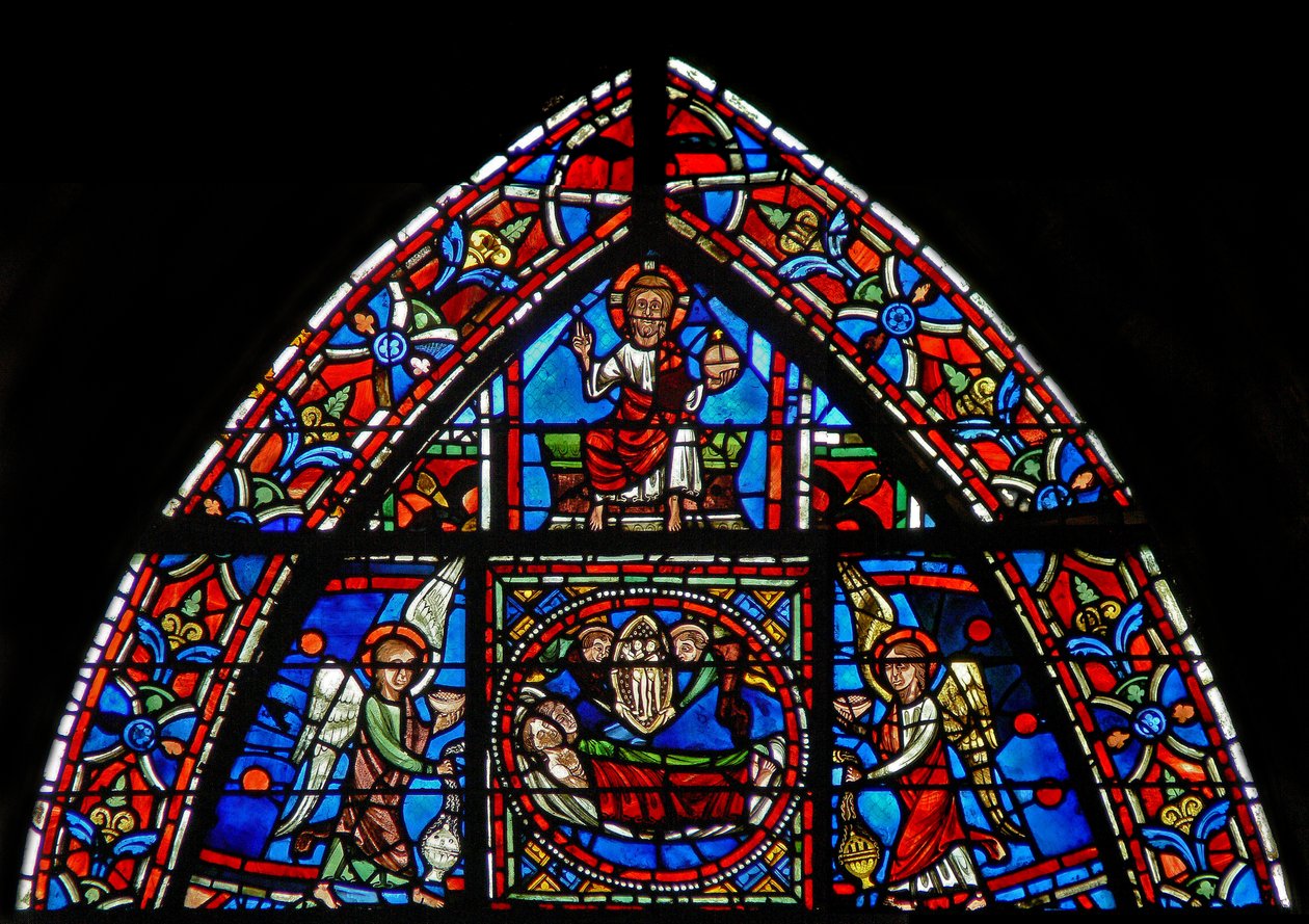 Ventana w23 que representa a San Julián Hospitalario y su esposa muriendo y yendo al cielo de French School