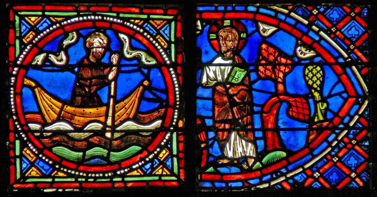 Ventana w23 que representa a San Julián Hospitalario encontrándose con Cristo al otro lado del río cada noche de French School