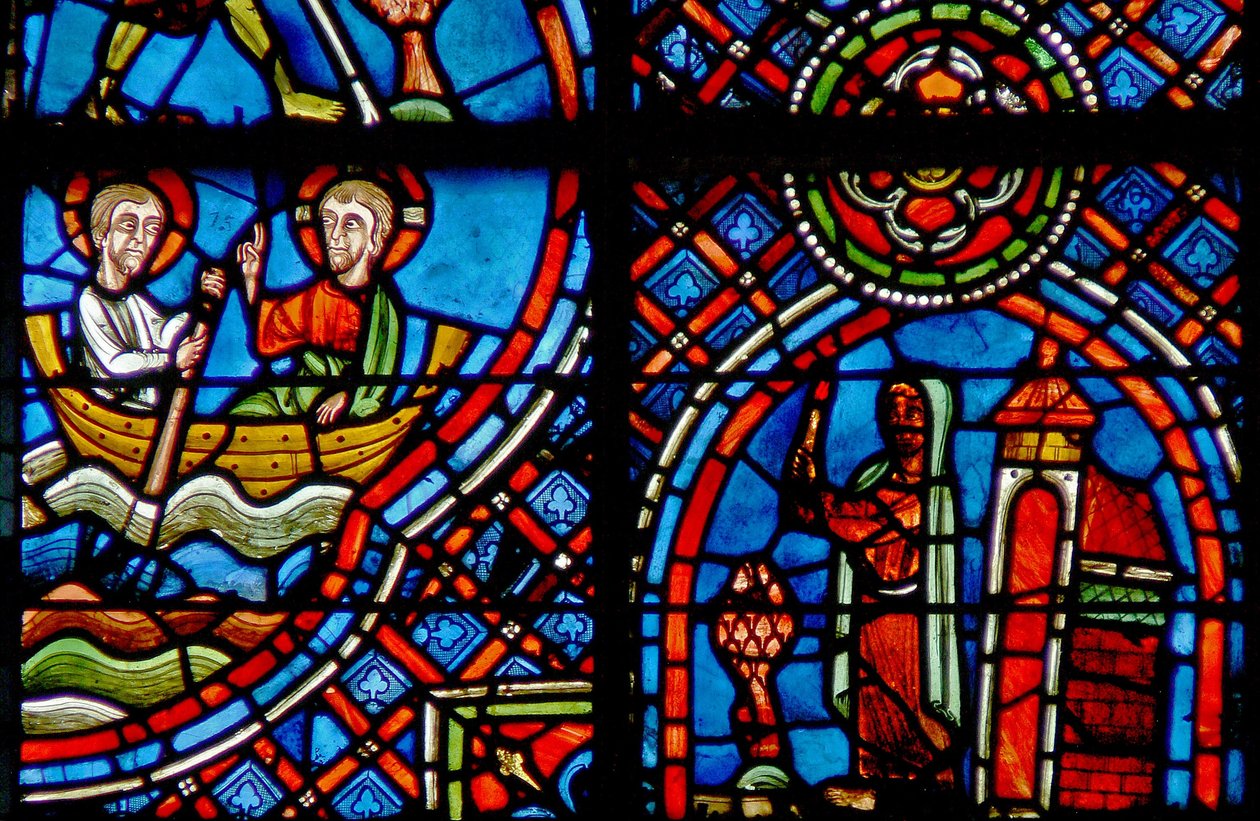 Ventana w23 que representa a San Julián Hospitalario encontrándose con Cristo al otro lado del río cada noche de French School