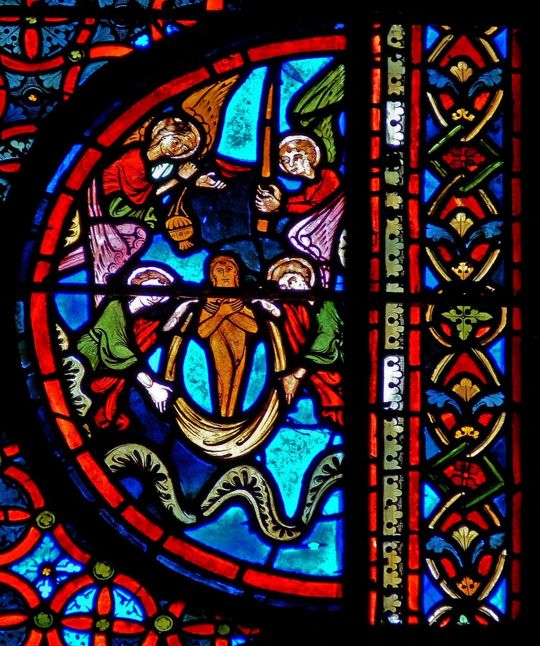 Ventana w23 que representa la Parábola del Rico y Lázaro: el alma de Lázaro en el cielo de French School
