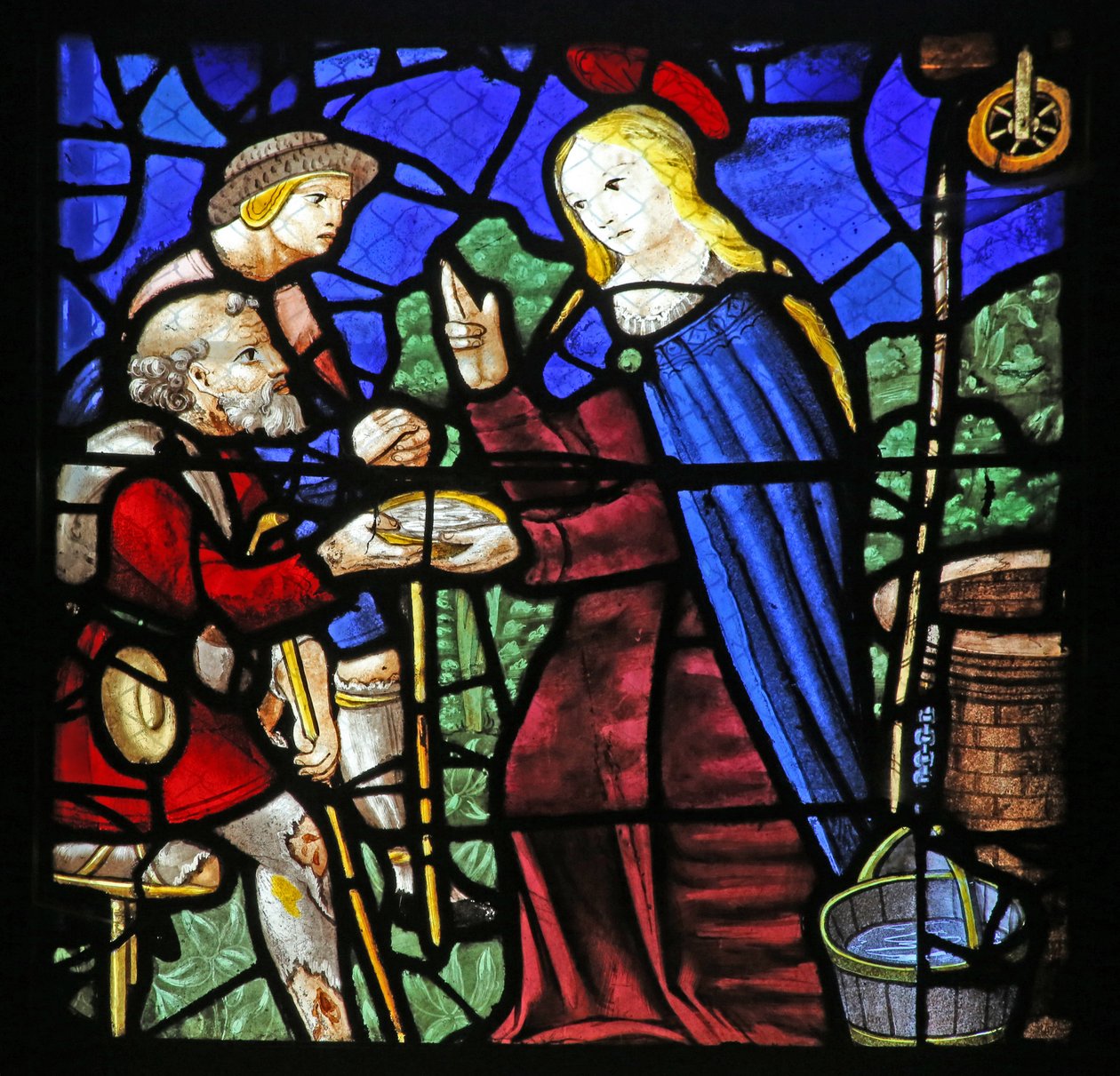 Ventana w24 que representa a Santa Genoveva dando de beber a un leproso de French School