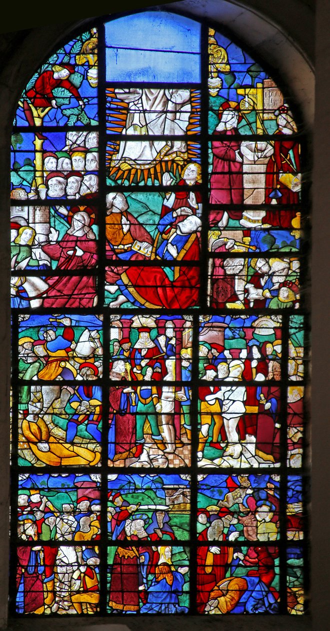 Ventana w27 que representa escenas de la vida de Santa Bárbara, y de la Pasión y la Transfiguración de French School