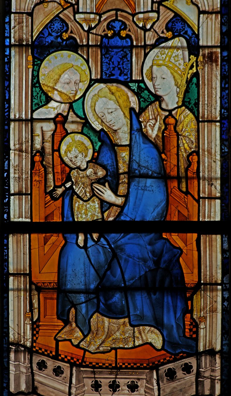 Ventana w27 que representa a la Virgen y el Niño con San Sebastián y un santo obispo de French School
