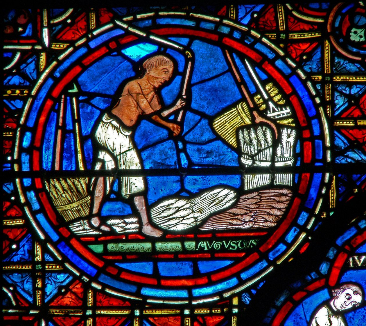 Ventana w28a que representa los Trabajos de los Meses. Agosto de French School