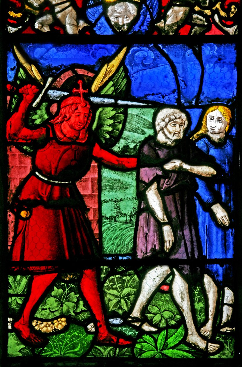 Ventana w2 que representa a Adán y Eva expulsados del Edén de French School