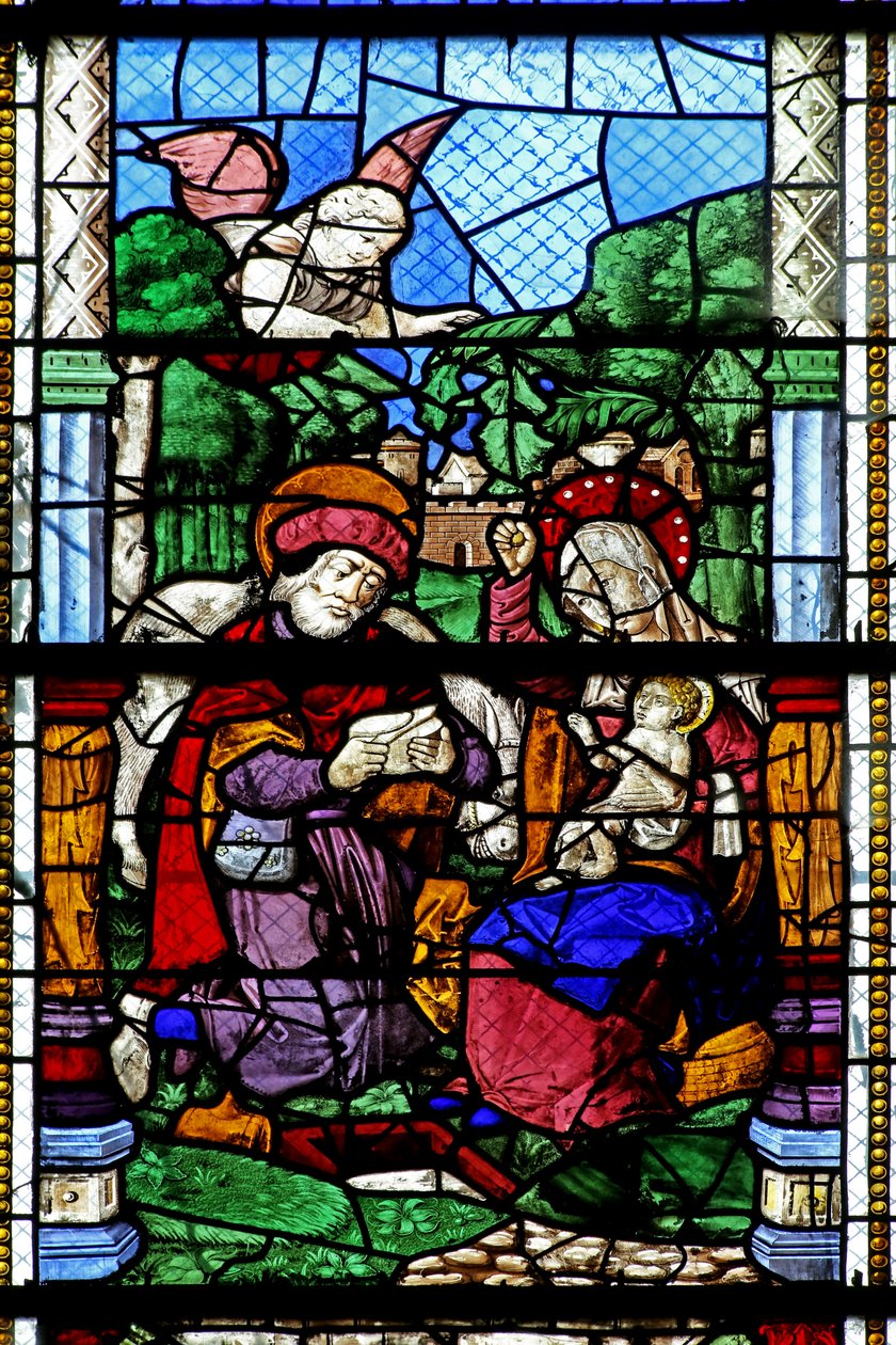 Ventana w2 que representa el Descanso durante la Huida a Egipto de French School