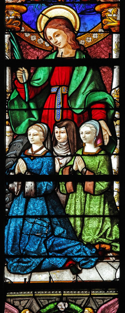 Ventana w2 que representa a Santa Catalina y un donante (¿moderno?) de French School