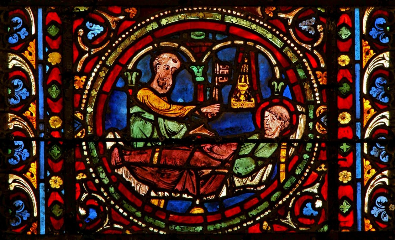 Ventana w2 que representa a San Germán soñando que le dan las llaves de París de French School