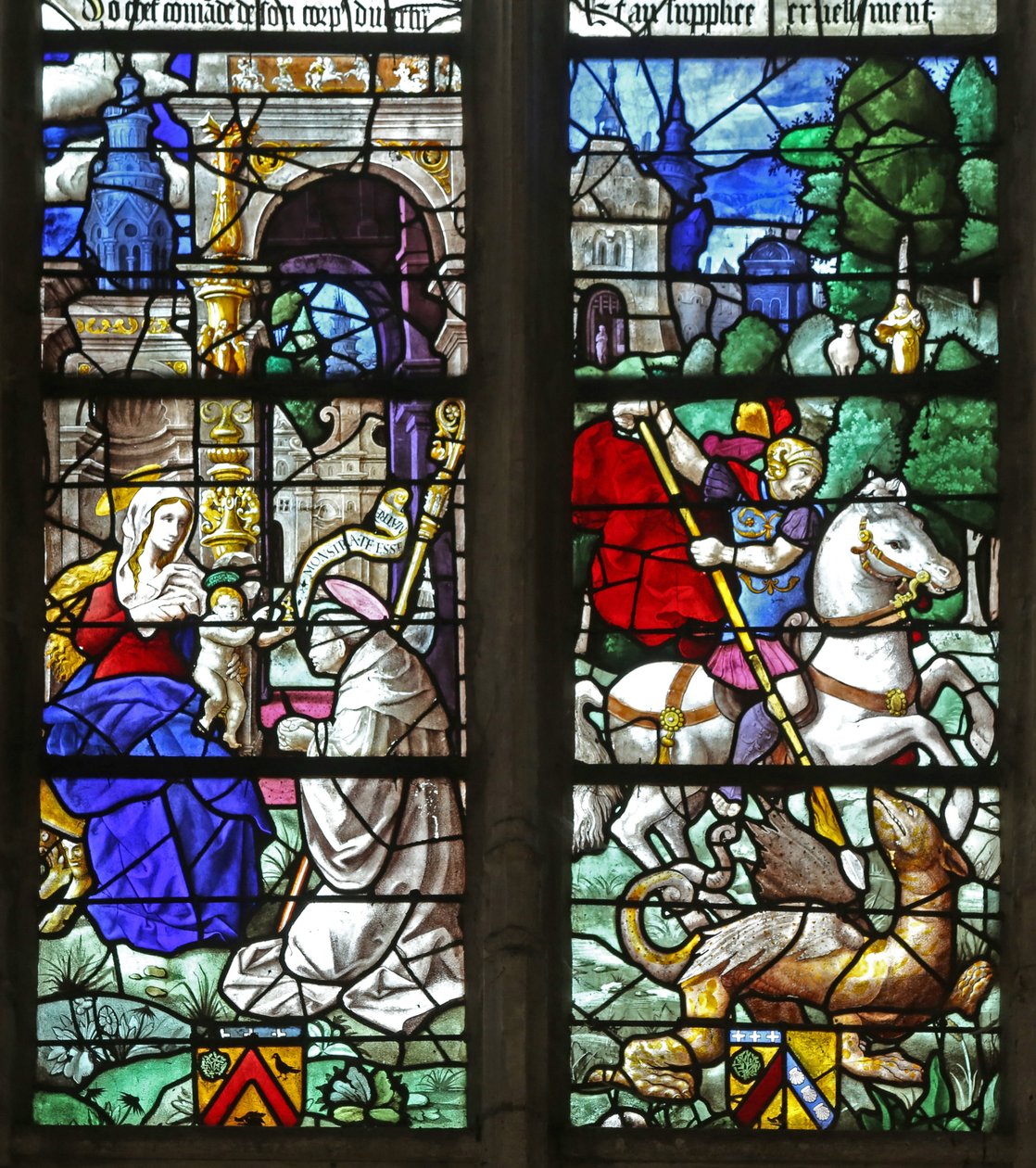 Ventana que representa a un obispo donante ante la Virgen y el Niño; San Jorge de French School