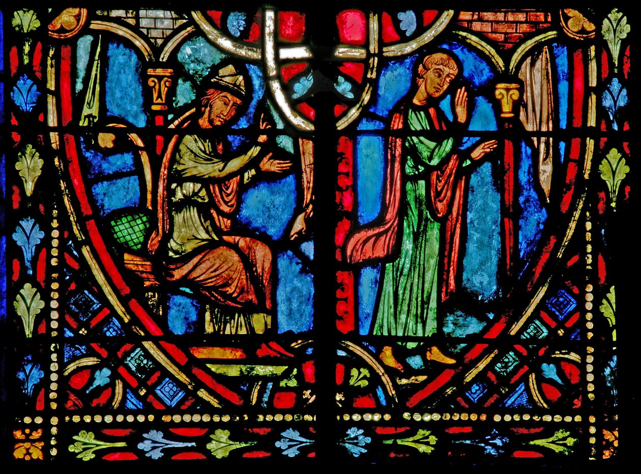Ventana w2 que representa una escena de la historia de Teófilo (moderna) de French School