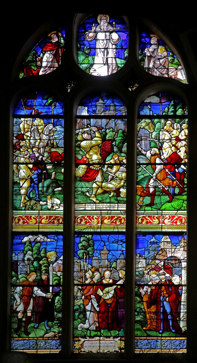 Ventana w30 que representa a David matando a Goliat; regresa con la cabeza a las hijas de Judea de French School