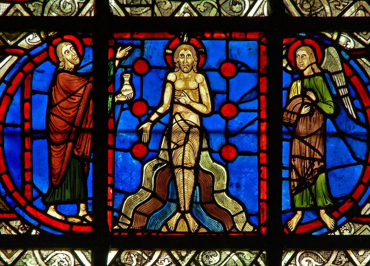 Ventana w31 que representa el Bautismo en el Jordán de French School