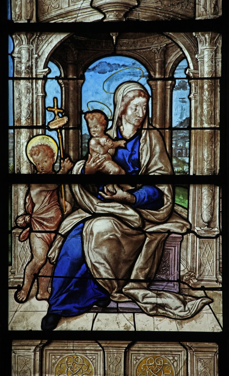 Ventana w32 que representa a la Virgen y el Niño y a San Juan Bautista de French School
