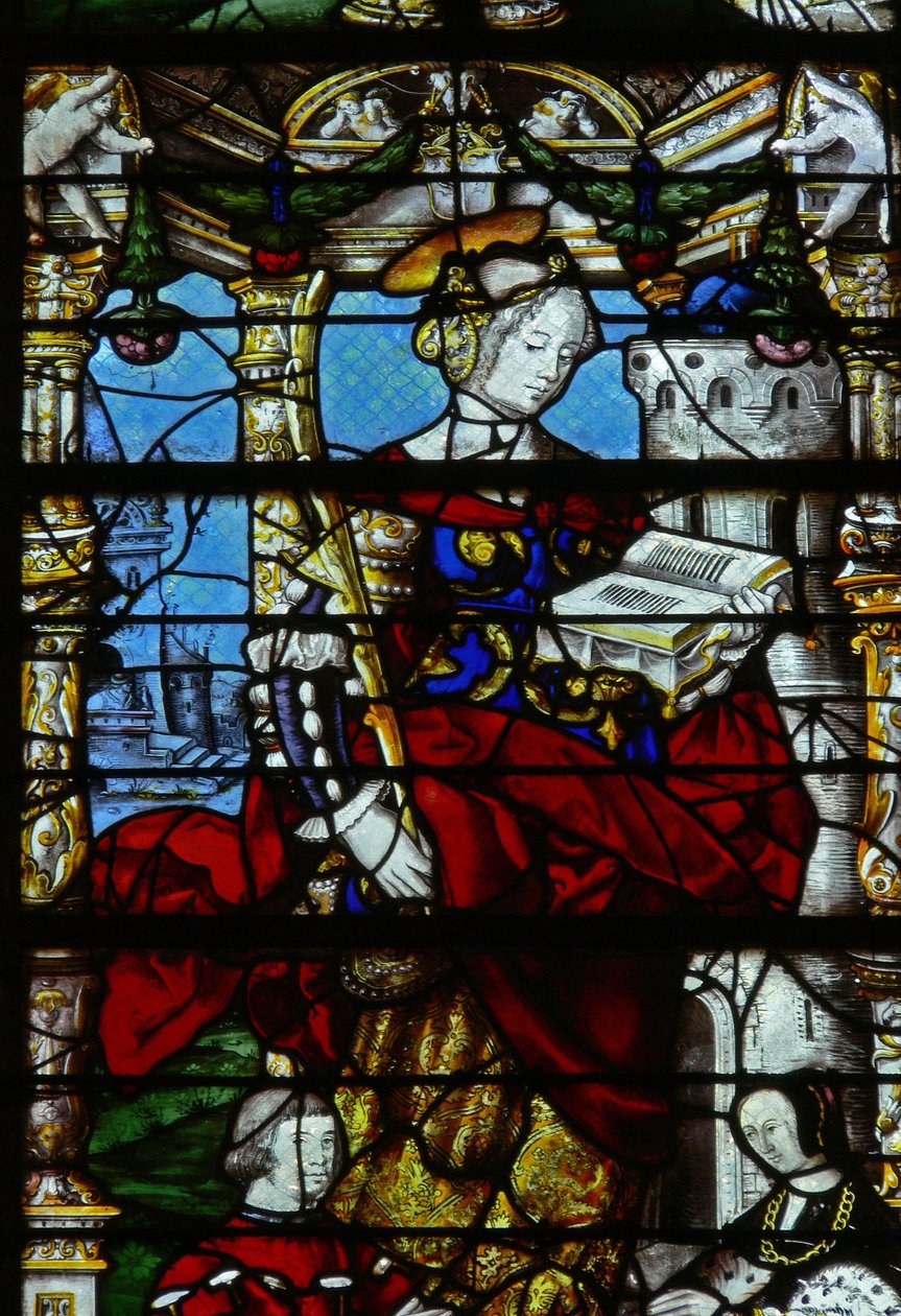 Ventana w37 que representa escenas de la vida de Santa Bárbara de French School