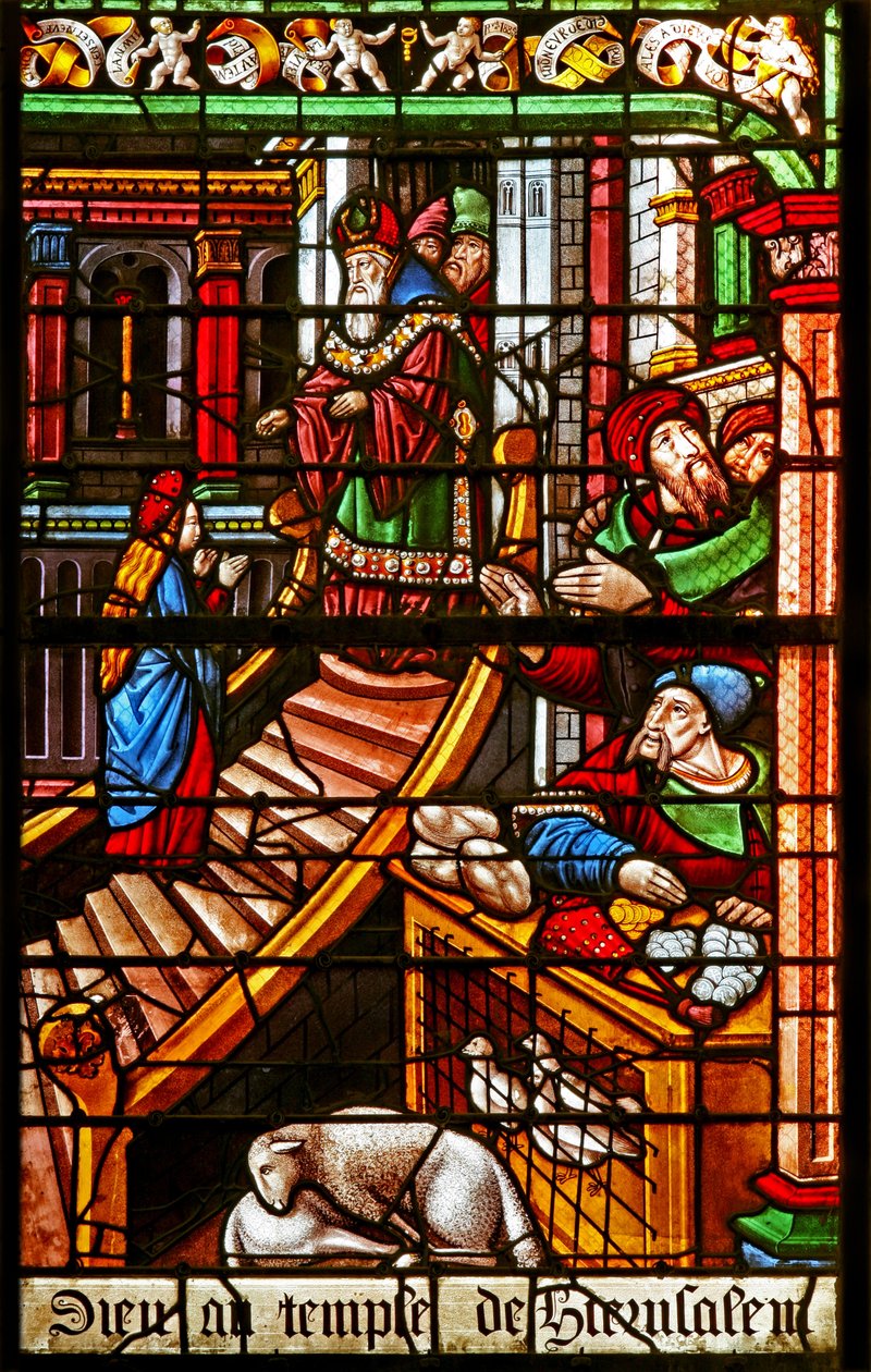 Ventana que representa una escena de la Vida de la Virgen María: su Presentación en el Templo de French School