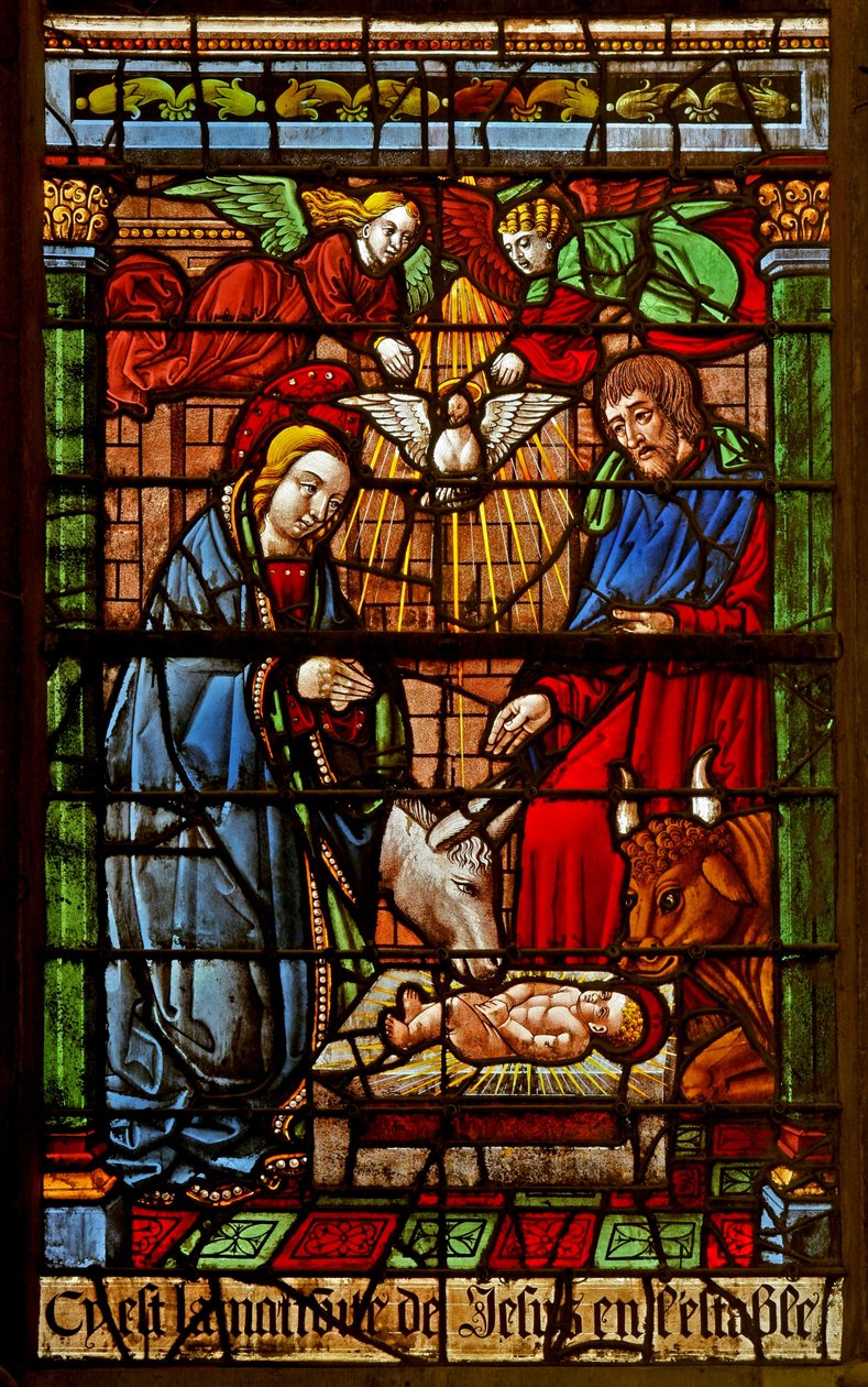 Ventana que representa la Natividad de French School