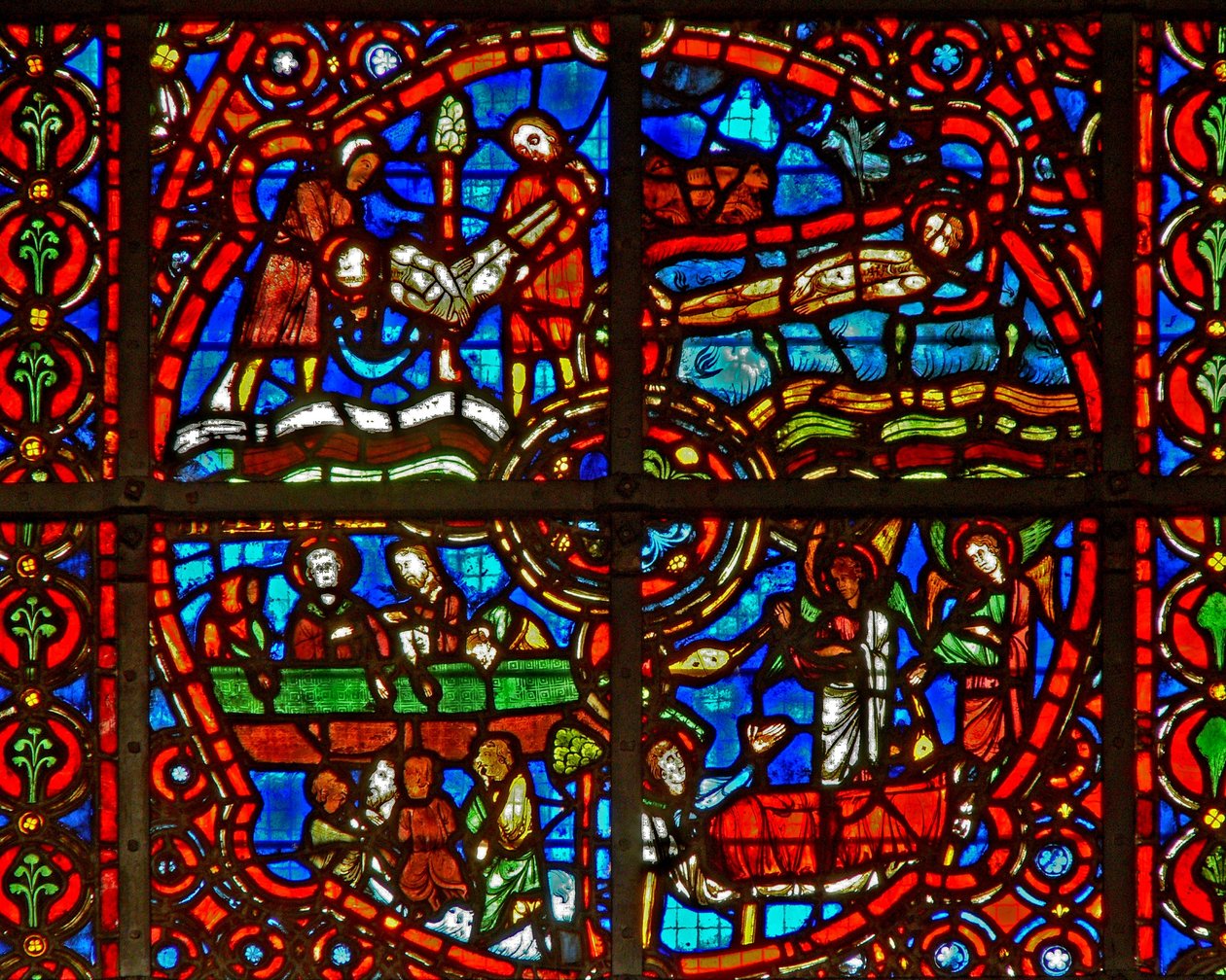 Ventana w39 que representa escenas de la vida de San Lorenzo de French School