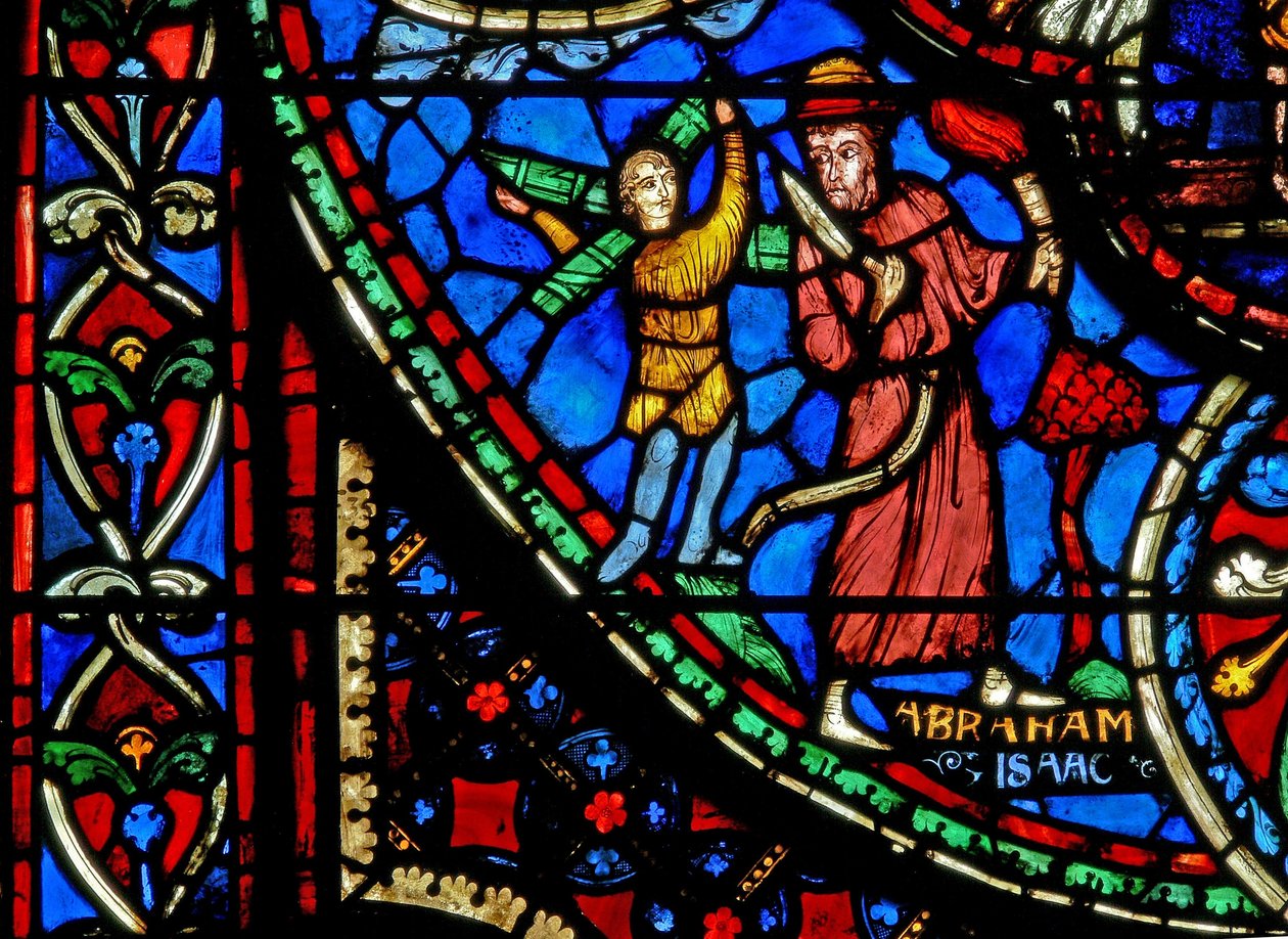 Ventana w3 que representa a Abraham a punto de sacrificar a Isaac de French School
