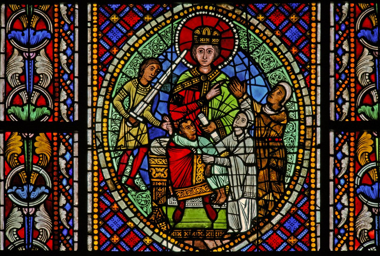 Ventana w3 que representa a Salomón ordenando cortar al niño en dos - la verdadera madre entonces suplica por la vida del bebé de French School