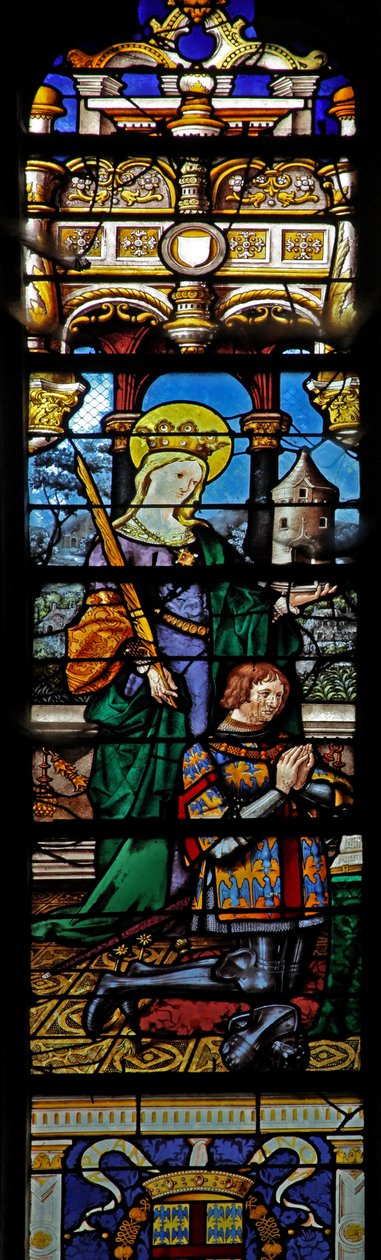 Ventana w3 que representa a Santa Bárbara con un donante de French School