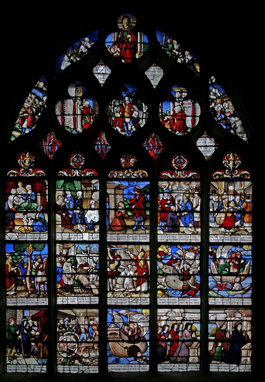 Ventana w3 que representa escenas de la vida de San Nicolás de French School