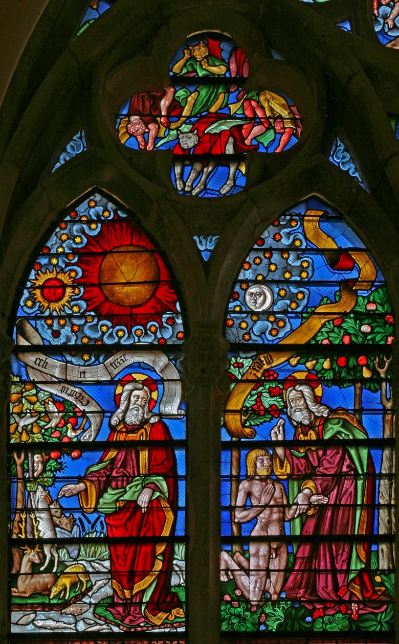 Ventana que representa la Creación y la creación de Adán de French School