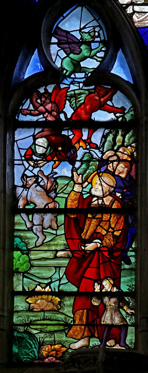 Ventana w4 representando a San Pedro con Simón el Mago mientras cae después de intentar volar de French School