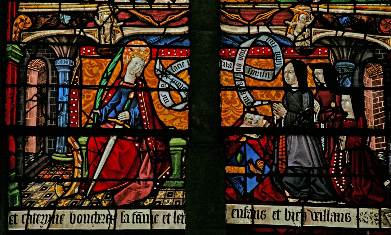 Ventana w4 que representa a una donante - Catherine Boucheret con su familia y Santa Catalina de French School