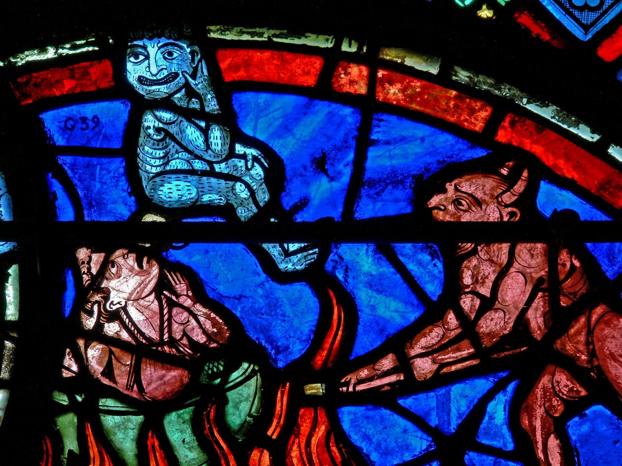 Ventana w4 que representa a un impenitente siendo atormentado por demonios de French School