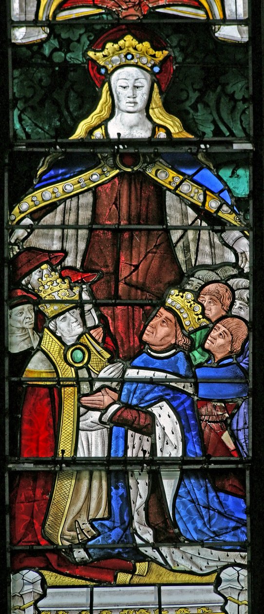 La Virgen María como protectora, Papa Pablo II y el rey Luis XI de French School