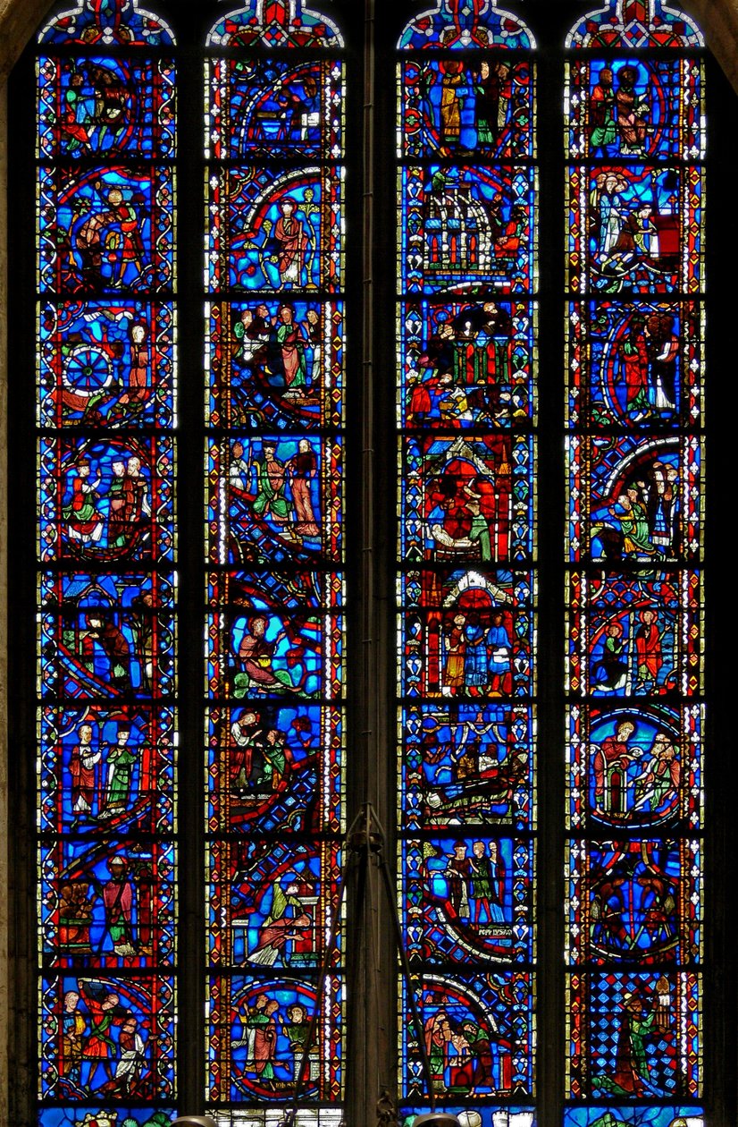 Ventana w53 que representa escenas de las vidas de Santa Catalina, San Nicolás, San Juan Bautista, San Esteban de French School