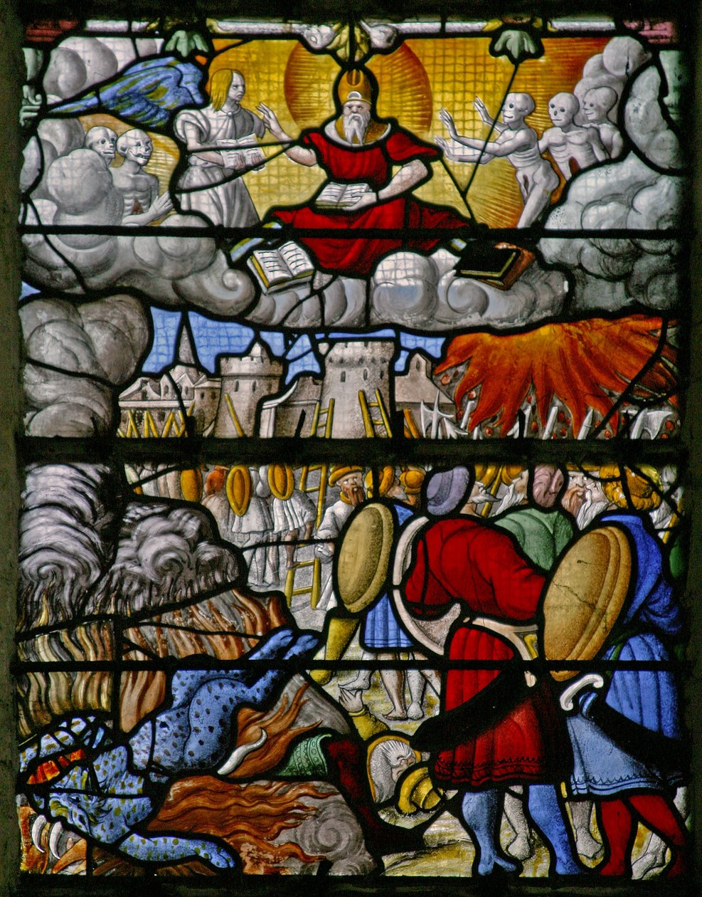 Ventana w5 que representa una escena del Libro de la Revelación de San Juan: los ejércitos de la tierra causan estragos; el mar entrega a sus muertos de French School