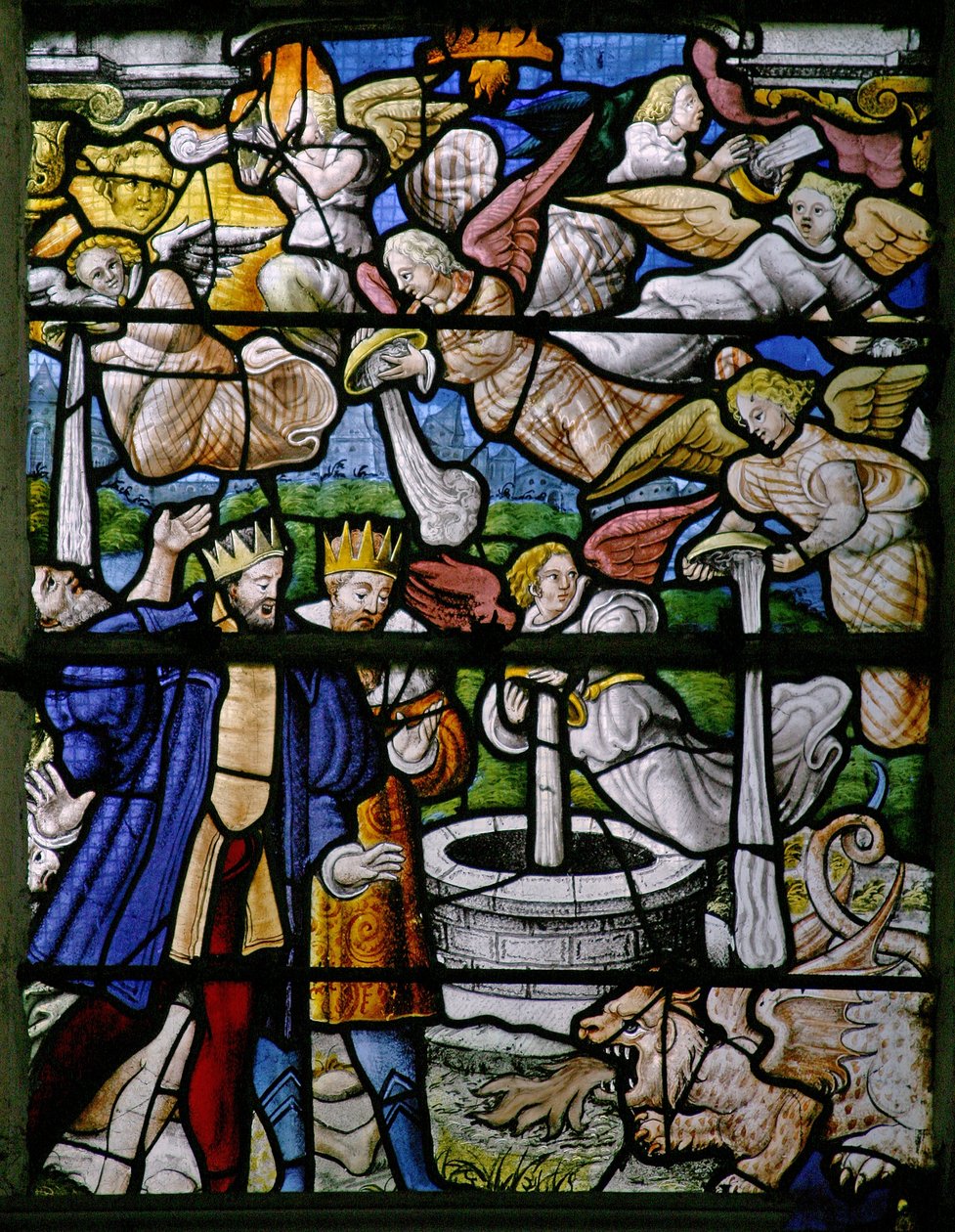Ventana w5 que representa escenas del Libro de la Revelación de San Juan: los hombres son quemados; el agua se convierte en sangre; se vacían los frascos; cae granizo de French School