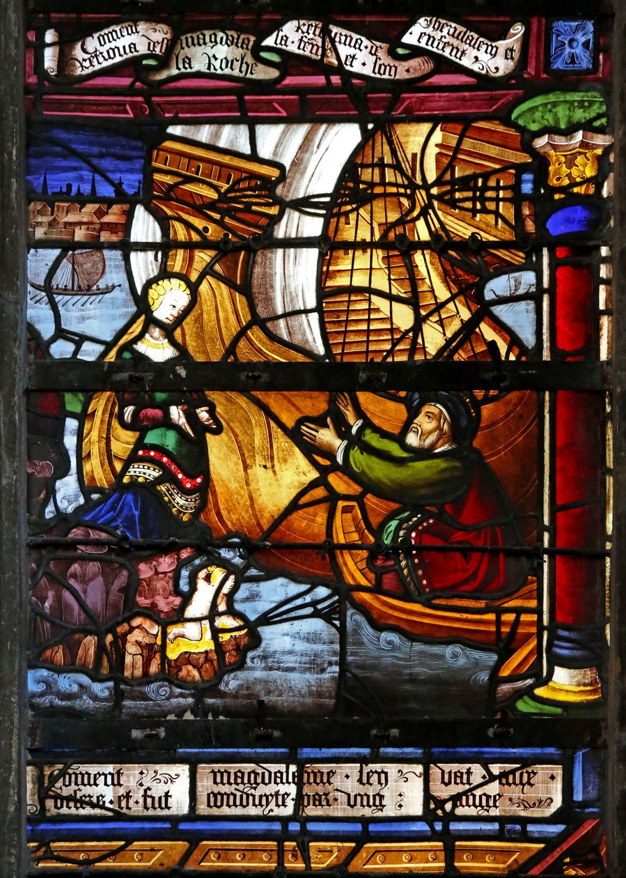 Ventana w5 que representa al Duque de Marsella regresando de Jerusalén y encontrando a su esposa en la roca con un hijo de French School
