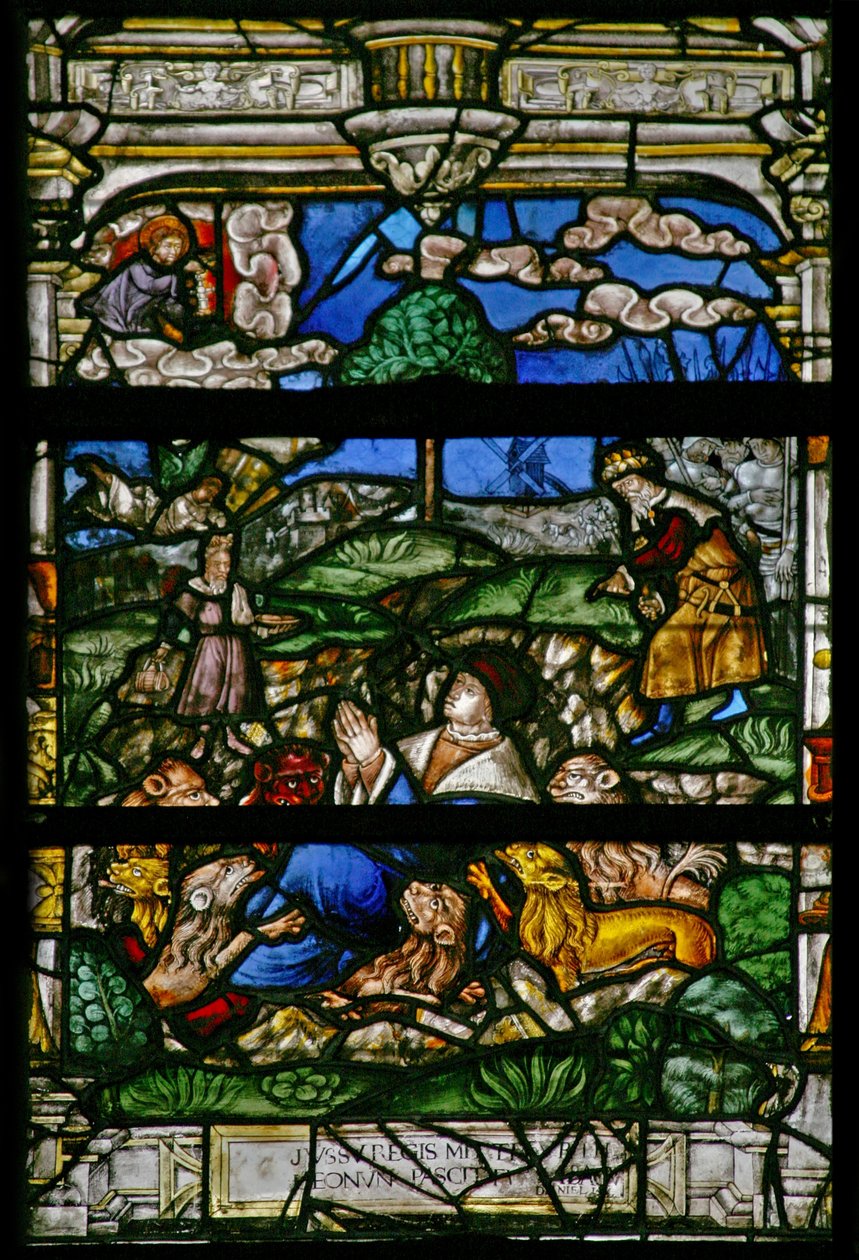Ventana w6 que representa a Daniel en el foso de los leones de French School