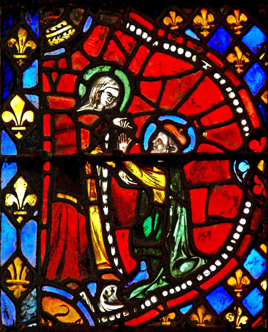 Ventana w6 que representa una escena de la Vida de la Virgen María: José pide perdón a la Virgen María de French School