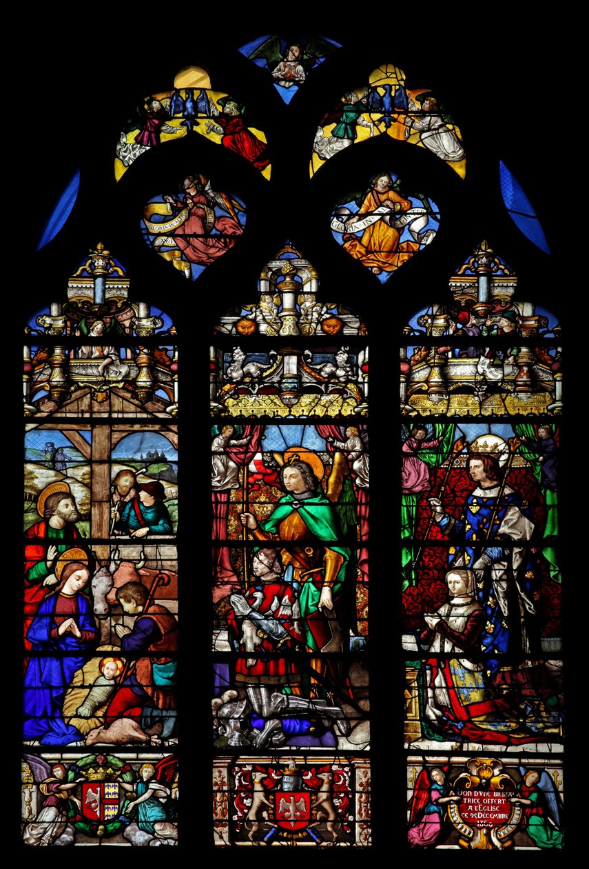Ventana w6 que representa la Natividad con pastores; donantes Gaspard de Coligny y su esposa y santos patronos de French School